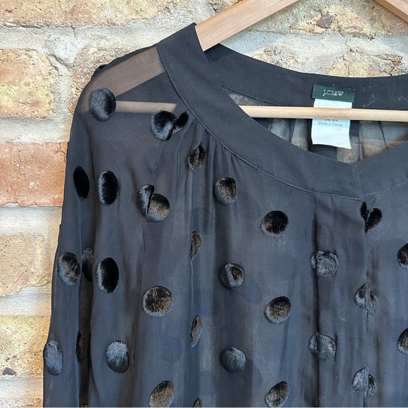 J. Crew Sheer Black Top w/ Velvet Polka Dots & Ruched Sleeves - Picture 2 of 8